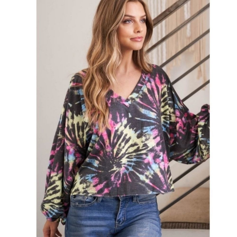 Multi Colored Tie Dye V-Neck Long Puff Sleevetop
